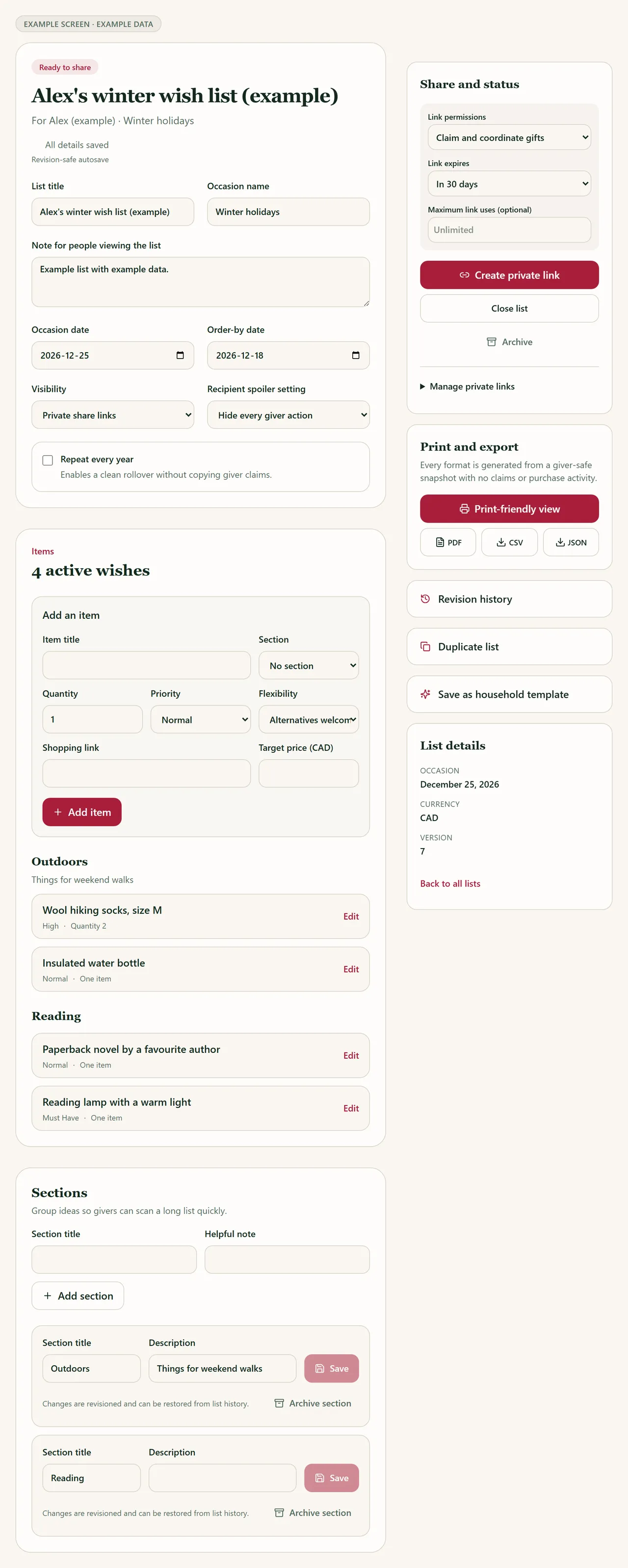 Example screen with example data: the St. Nick's List list editor for Alex (example), showing list title, occasion and order-by dates, private share-link settings, and four wishes grouped into Outdoors and Reading sections.