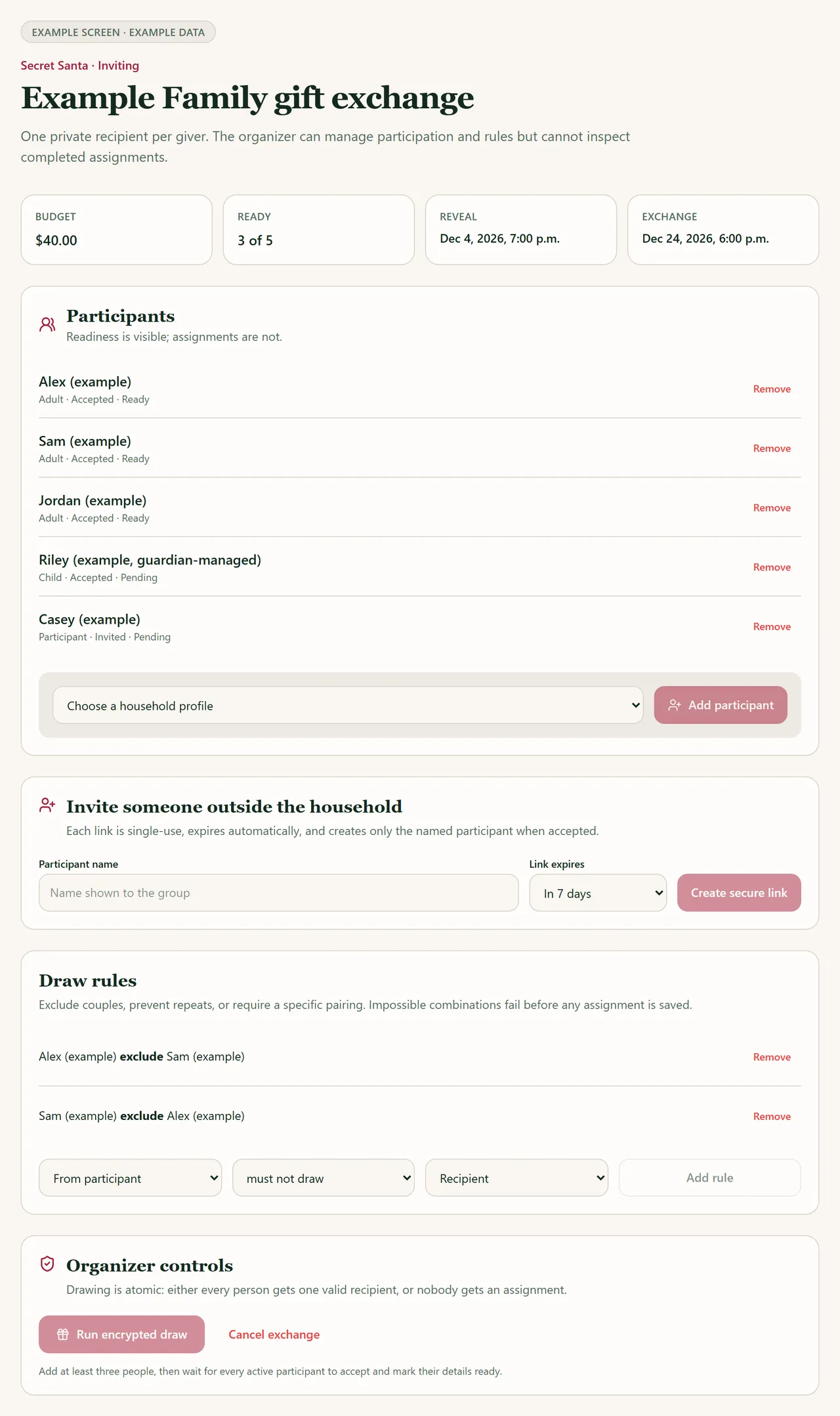 Example screen with example data: an example family Secret Santa exchange that is still inviting, showing a $40 budget, 3 of 5 participants ready, readiness for each participant including a guardian-managed profile, and two exclusion rules. No assignments are shown.